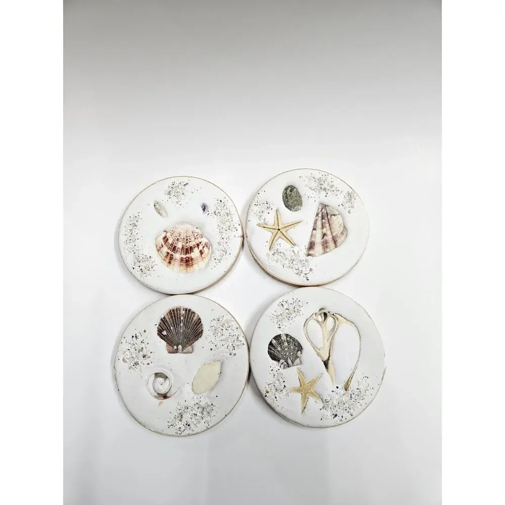 4 Beach Coasters Coastal Decor Seashells Sand Sea Glass 4.25” Round Cork Back